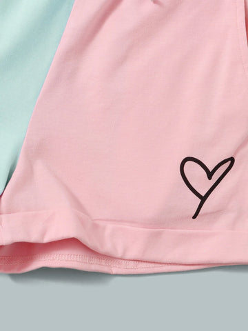 Girls Heart Print Colorblock Tee & Knot Front Shorts