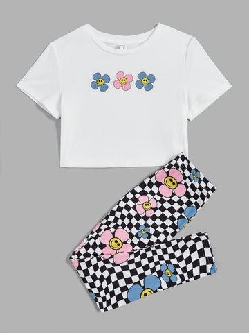 Khrim Reaper Girls Cartoon Graphic Tee & Checkered Print Leggings