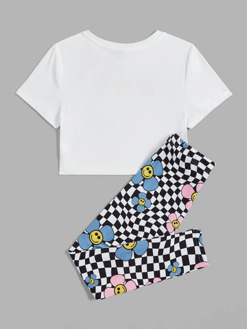 Khrim Reaper Girls Cartoon Graphic Tee & Checkered Print Leggings