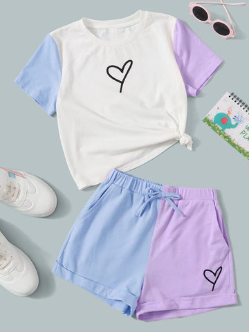 Girls Heart Print Colorblock Tee & Knot Front Shorts