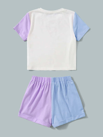 Girls Heart Print Colorblock Tee & Knot Front Shorts