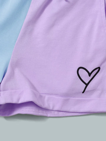 Girls Heart Print Colorblock Tee & Knot Front Shorts