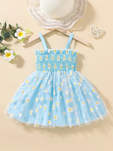 Baby Floral Print Mesh Overlay Shirred Frill Trim Cami Dress