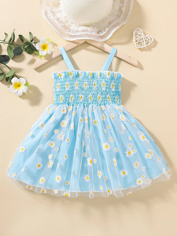 Baby Floral Print Mesh Overlay Shirred Frill Trim Cami Dress