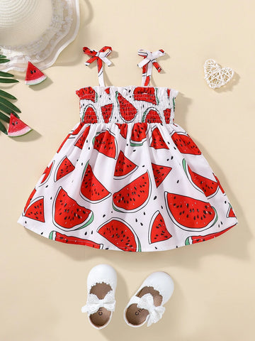 Baby Watermelon Print Shirred Frilled Bow Shoulder Cami Dress