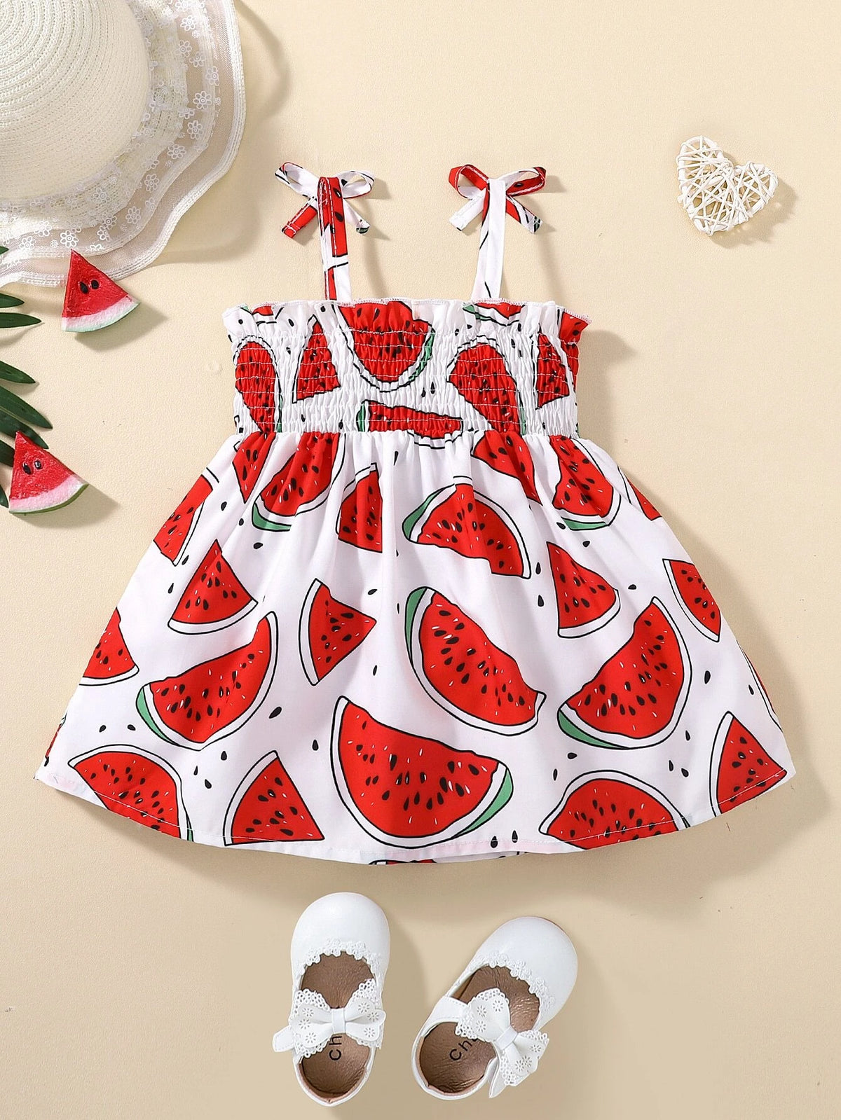 Baby Watermelon Print Shirred Frilled Bow Shoulder Cami Dress