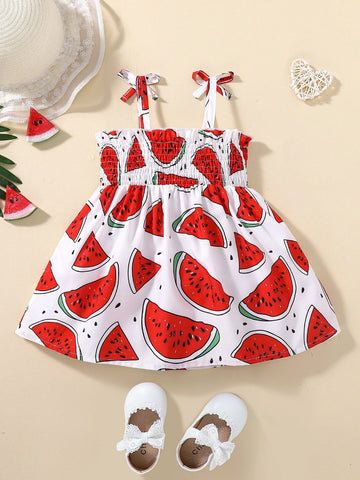 Baby Watermelon Print Shirred Frilled Bow Shoulder Cami Dress