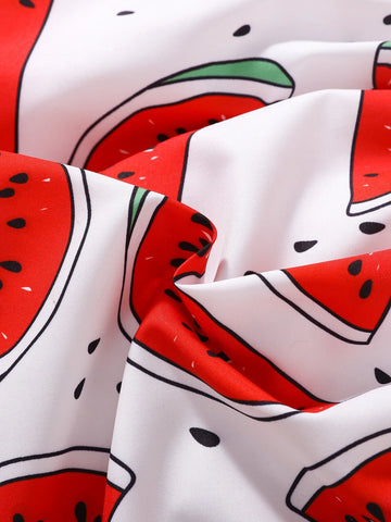 Baby Watermelon Print Shirred Frilled Bow Shoulder Cami Dress