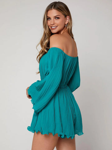 VCAY Off Shoulder Pleated Trumpet Sleeve Lettuce Trim Chiffon Romper