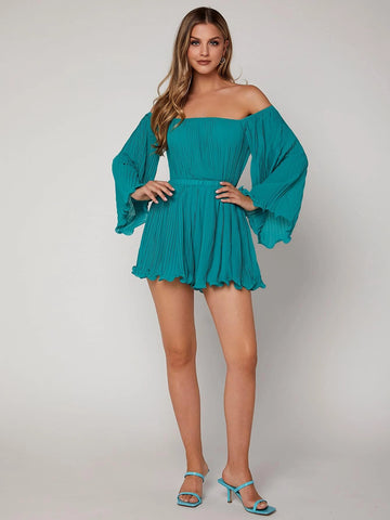 VCAY Off Shoulder Pleated Trumpet Sleeve Lettuce Trim Chiffon Romper