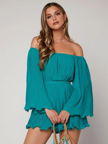 VCAY Off Shoulder Pleated Trumpet Sleeve Lettuce Trim Chiffon Romper