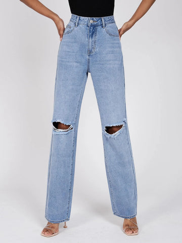 Tall High Waist Ripped Frayed Straight Leg Jeans