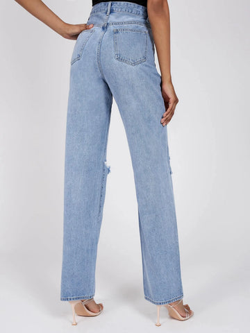 Tall High Waist Ripped Frayed Straight Leg Jeans