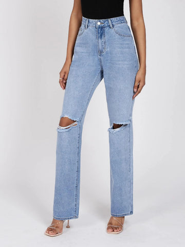 Tall High Waist Ripped Frayed Straight Leg Jeans