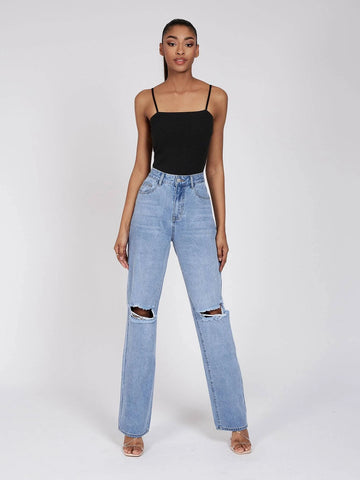 Tall High Waist Ripped Frayed Straight Leg Jeans