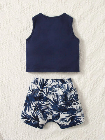 Baby Tropical Print Patched Pocket Tank Top & Shorts