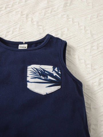 Baby Tropical Print Patched Pocket Tank Top & Shorts