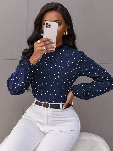 Confetti Heart Print Bishop Sleeve Frilled Neck Blouse