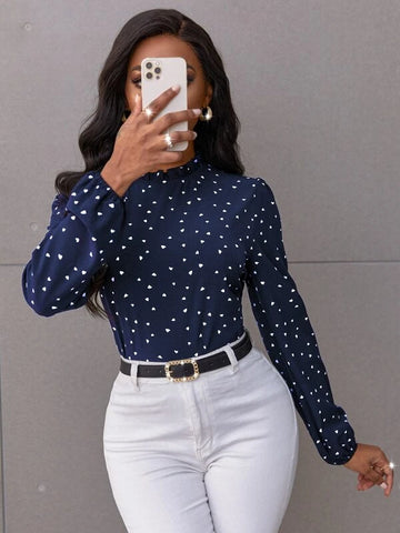 Confetti Heart Print Bishop Sleeve Frilled Neck Blouse