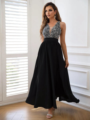 Joyfunear Contrast Sequin Mesh Insert Chiffon A-line Formal Dress