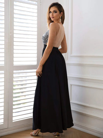 Joyfunear Contrast Sequin Mesh Insert Chiffon A-line Formal Dress