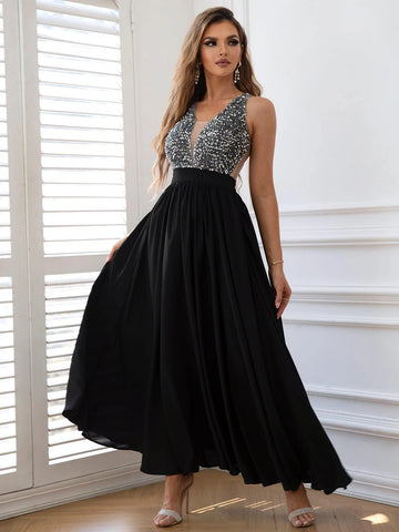 Joyfunear Contrast Sequin Mesh Insert Chiffon A-line Formal Dress