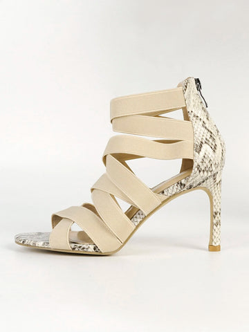Women Criss Cross Snakeskin Embossed Heeled Sandals, Elastic Stiletto Heeled Elegant Ankle Strap Sandals For Outdoor