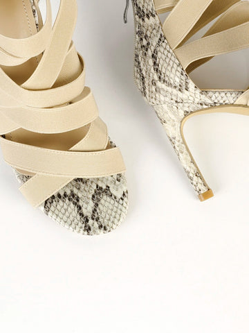 Women Criss Cross Snakeskin Embossed Heeled Sandals, Elastic Stiletto Heeled Elegant Ankle Strap Sandals For Outdoor