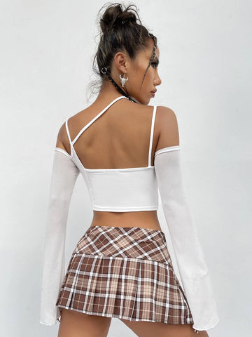 Asymmetric Neck Flounce Sleeve Crop Tee