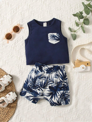 Baby Tropical Print Patched Pocket Tank Top & Shorts
