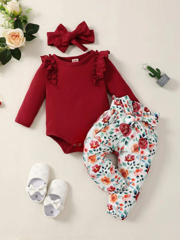 Baby Ruffle Trim Bodysuit & Floral Print Paper Bag Waist Belted Pants With Headband