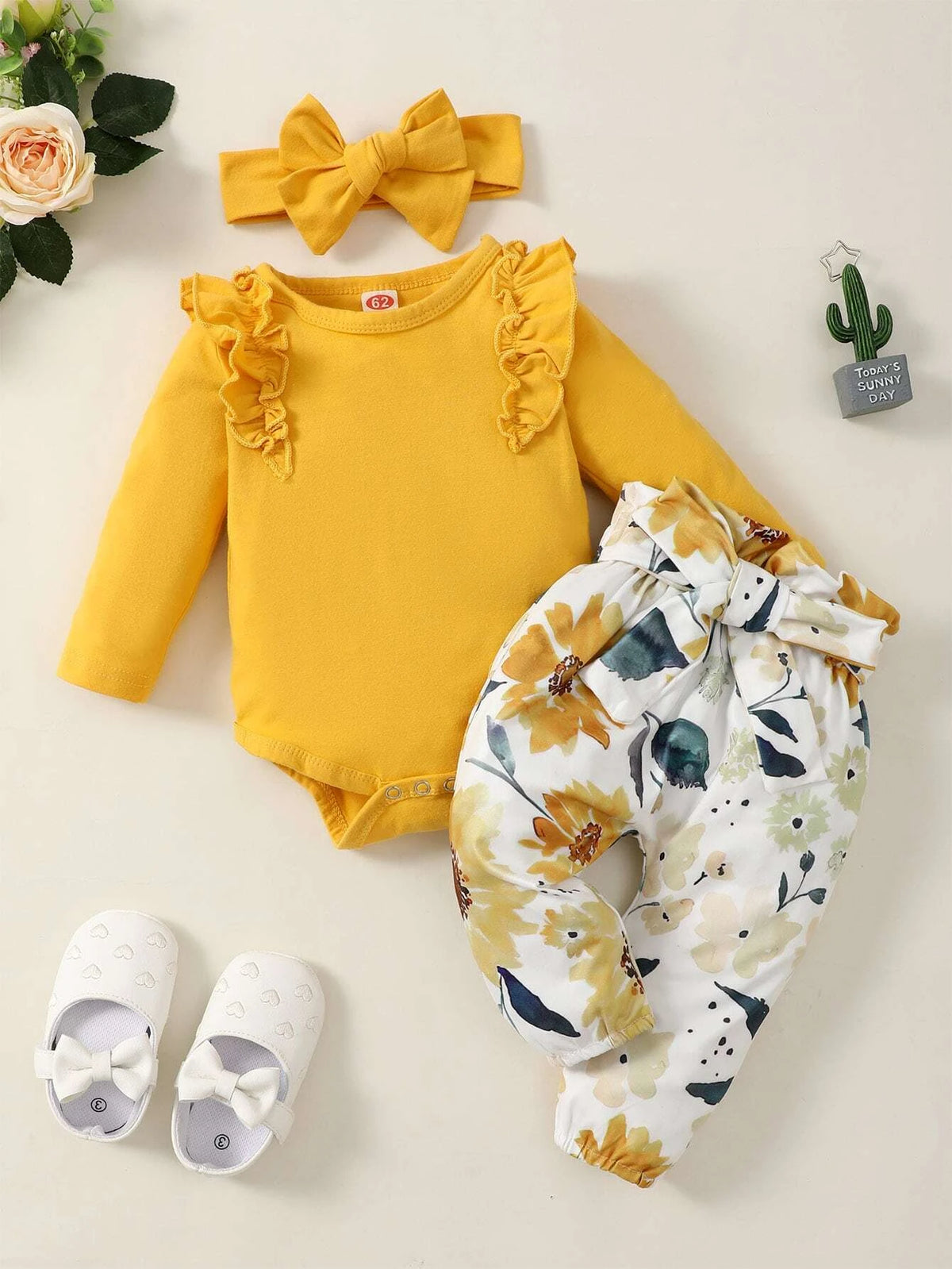 Baby Ruffle Trim Bodysuit & Floral Print Paper Bag Waist Belted Pants With Headband
