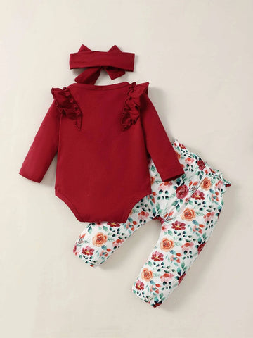 Baby Ruffle Trim Bodysuit & Floral Print Paper Bag Waist Belted Pants With Headband