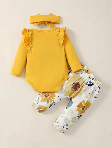 Baby Ruffle Trim Bodysuit & Floral Print Paper Bag Waist Belted Pants With Headband