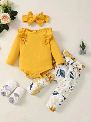 Baby Ruffle Trim Bodysuit & Floral Print Paper Bag Waist Belted Pants With Headband
