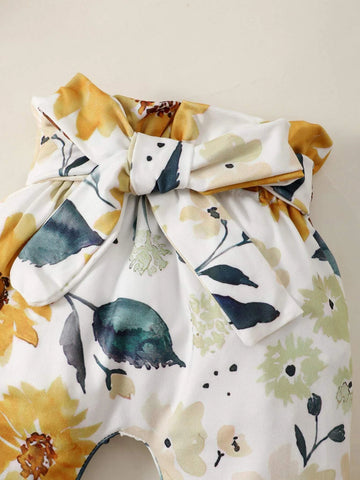 Baby Ruffle Trim Bodysuit & Floral Print Paper Bag Waist Belted Pants With Headband