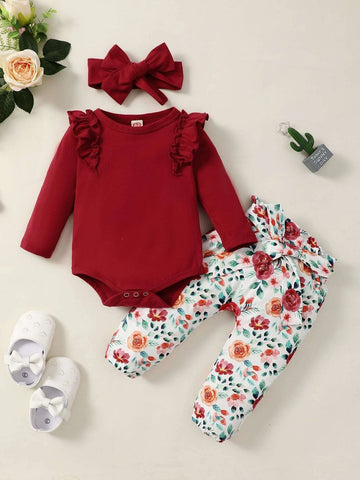 Baby Ruffle Trim Bodysuit & Floral Print Paper Bag Waist Belted Pants With Headband