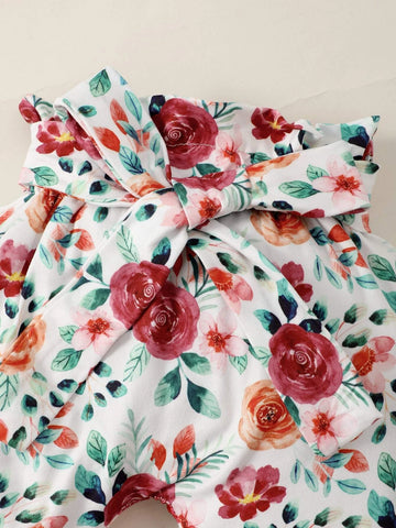 Baby Ruffle Trim Bodysuit & Floral Print Paper Bag Waist Belted Pants With Headband