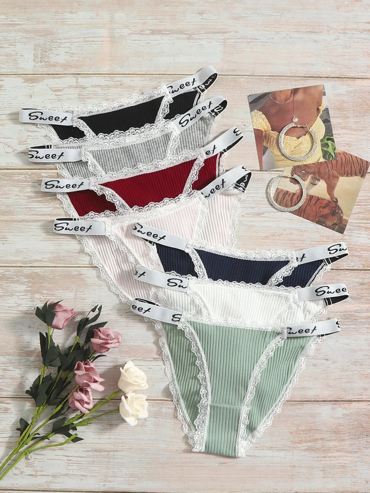 7pack Letter Tape Contrast Lace Panty