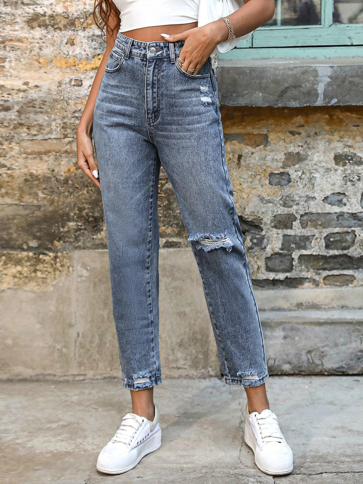 High Waist Ripped Frayed Hem Mom Jeans