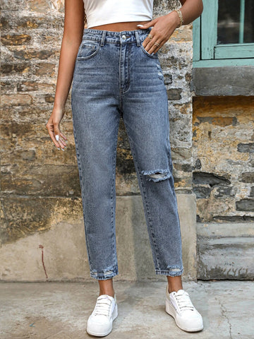 High Waist Ripped Frayed Hem Mom Jeans