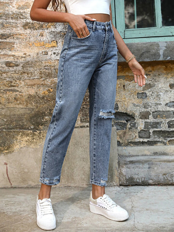 High Waist Ripped Frayed Hem Mom Jeans
