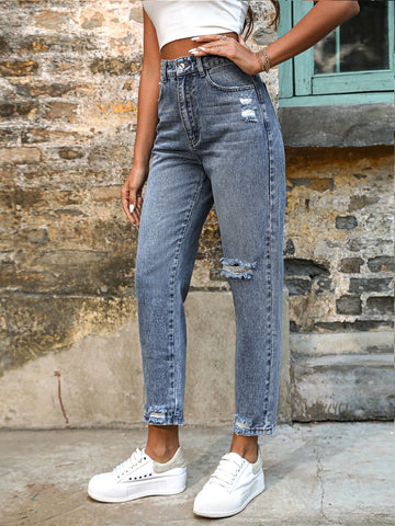 High Waist Ripped Frayed Hem Mom Jeans