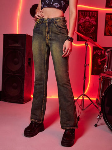 ROMWE Grunge Punk Skull & Wing Pattern High Waist Flare Leg Jeans Without Chain and Belt