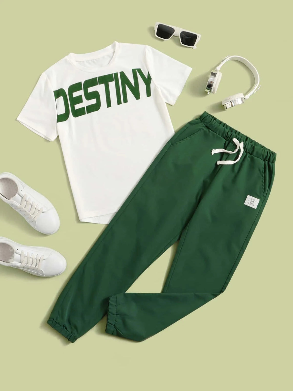 Boys Letter Graphic High Low Tee & Patched Detail Drawstring Waist Pants