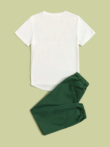 Boys Letter Graphic High Low Tee & Patched Detail Drawstring Waist Pants