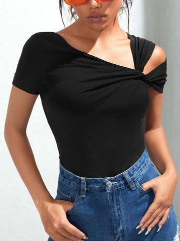Twist Asymmetrical Neck Solid Tee