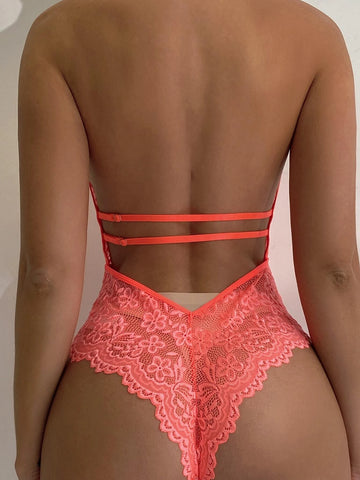 Floral Lace Scallop Trim Harness Teddy Bodysuit