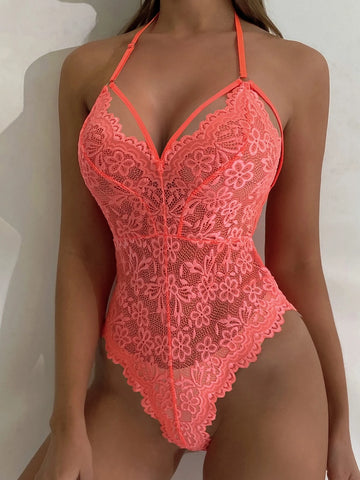 Floral Lace Scallop Trim Harness Teddy Bodysuit