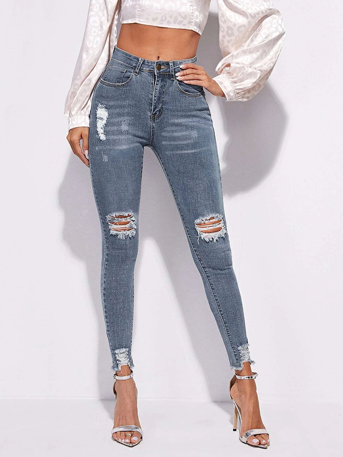 High Stretch Raw Hem Ripped Skinny Jeans
